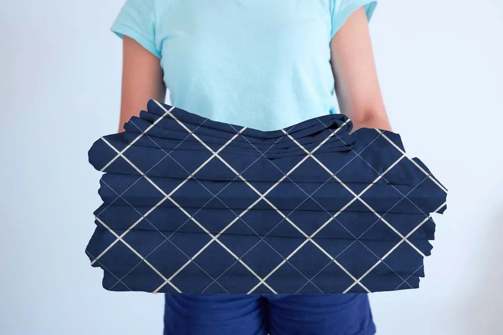 Checkered Printed Blue Cotton Double Fitted Bedsheet