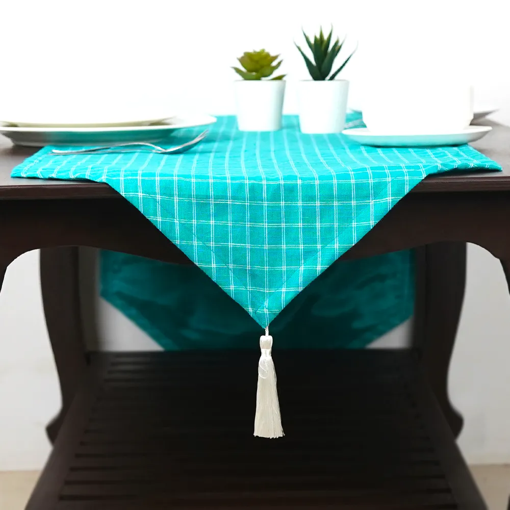 Checkered Turquoise Cotton Table Runner