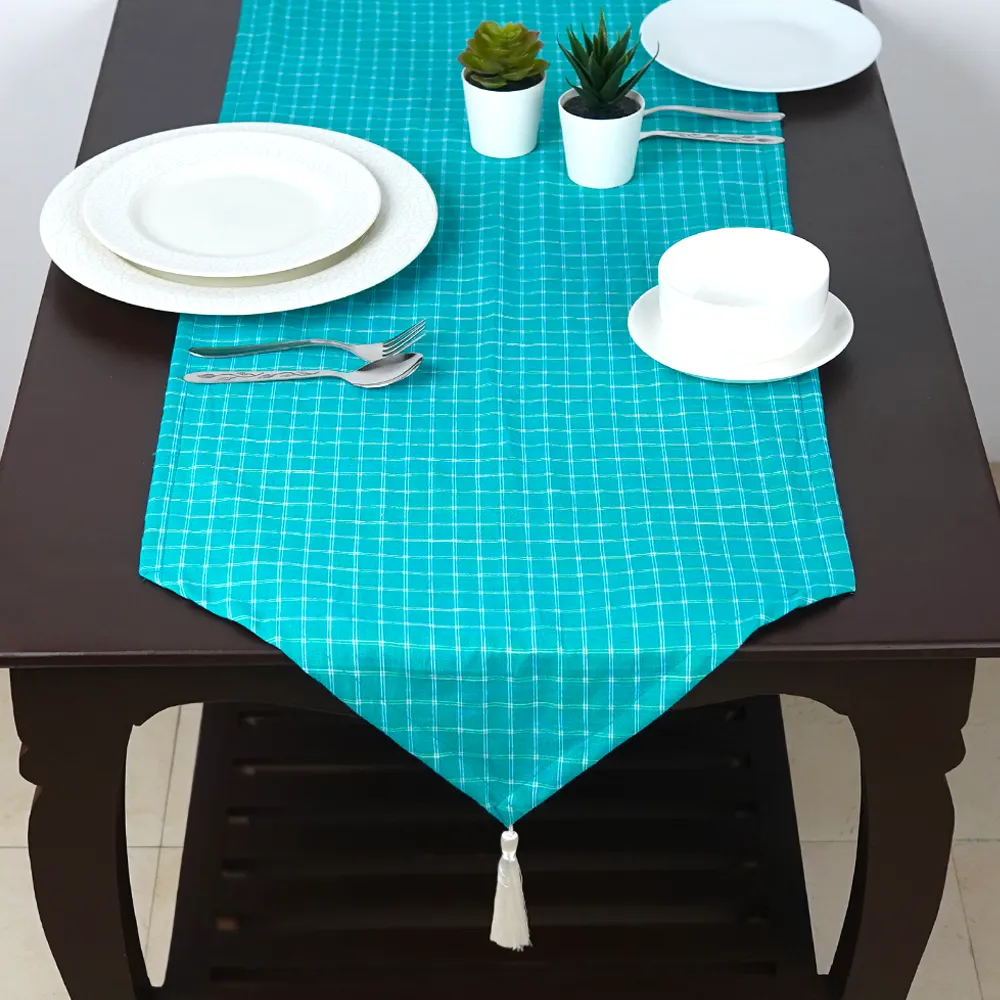 Checkered Turquoise Cotton Table Runner