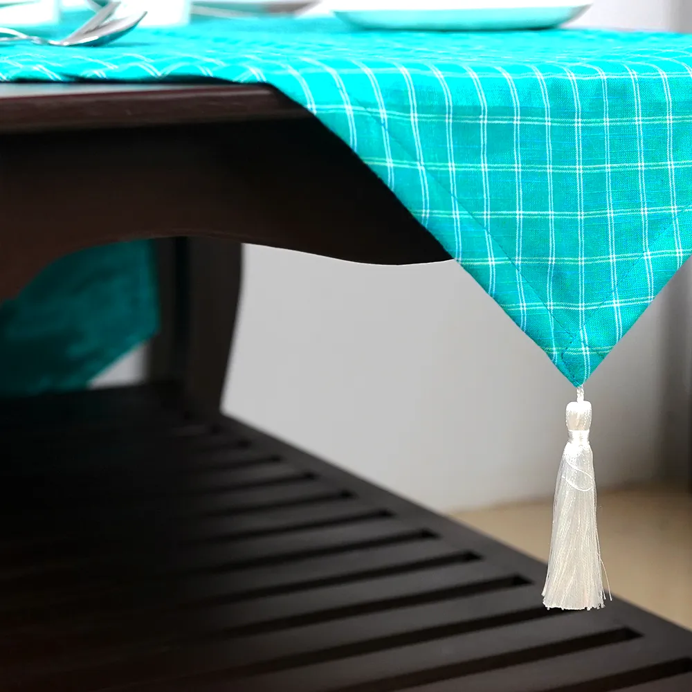 Checkered Turquoise Cotton Table Runner