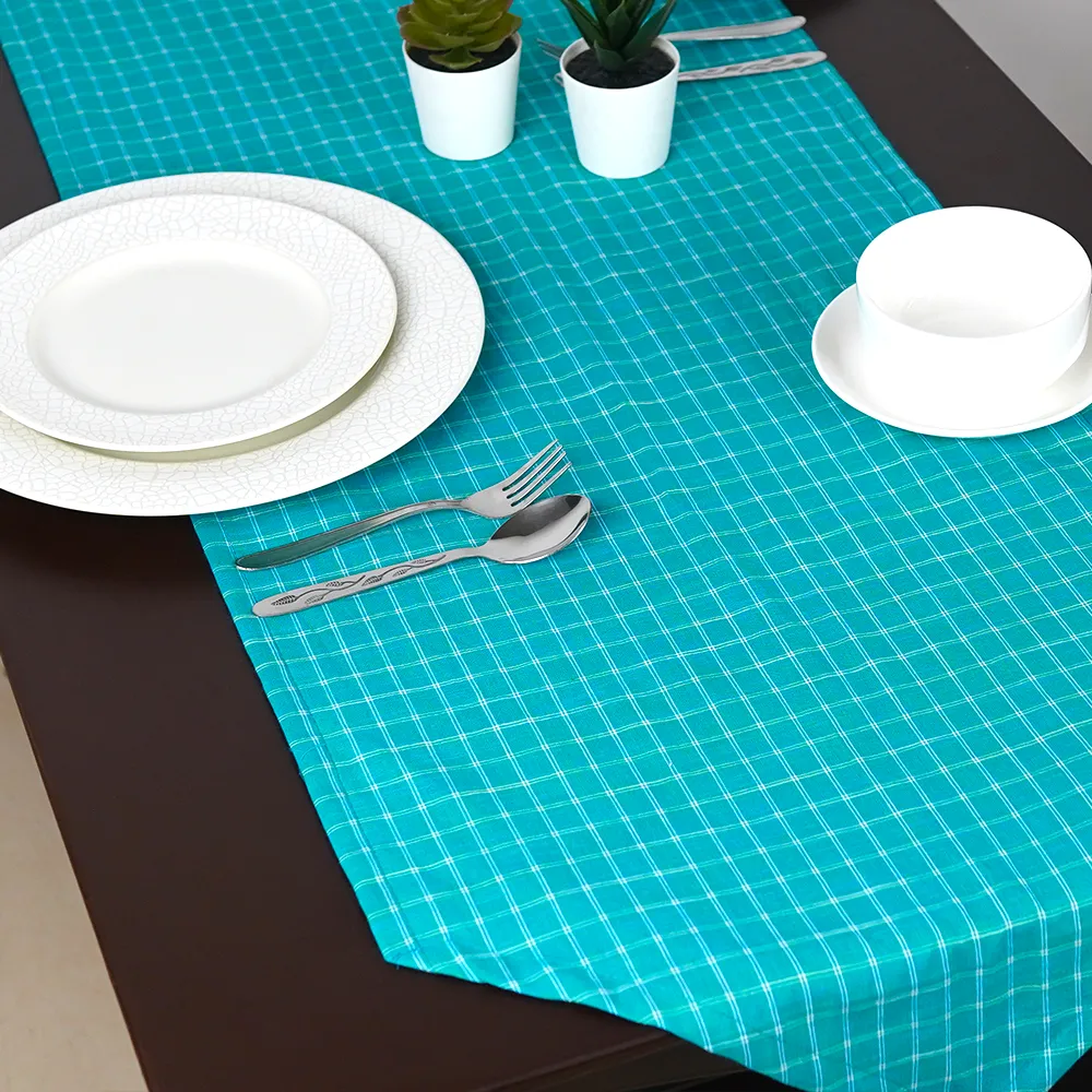 Checkered Turquoise Cotton Table Runner