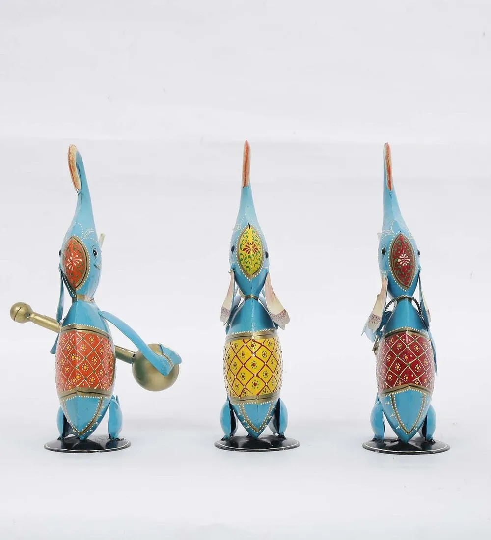 Cheerful Elephants Metal Animal Figurine / Showpiece Set Of 3