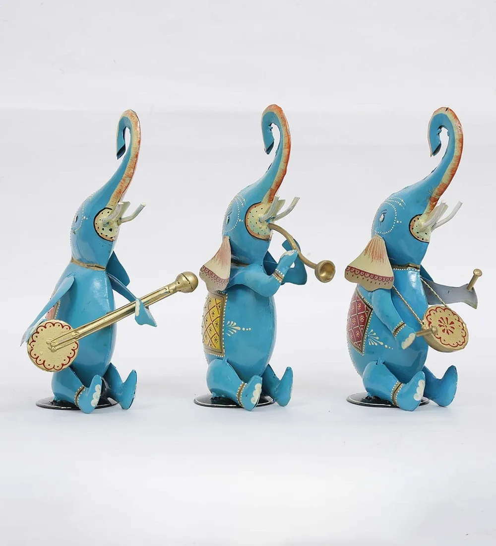 Cheerful Elephants Metal Animal Figurine / Showpiece Set Of 3