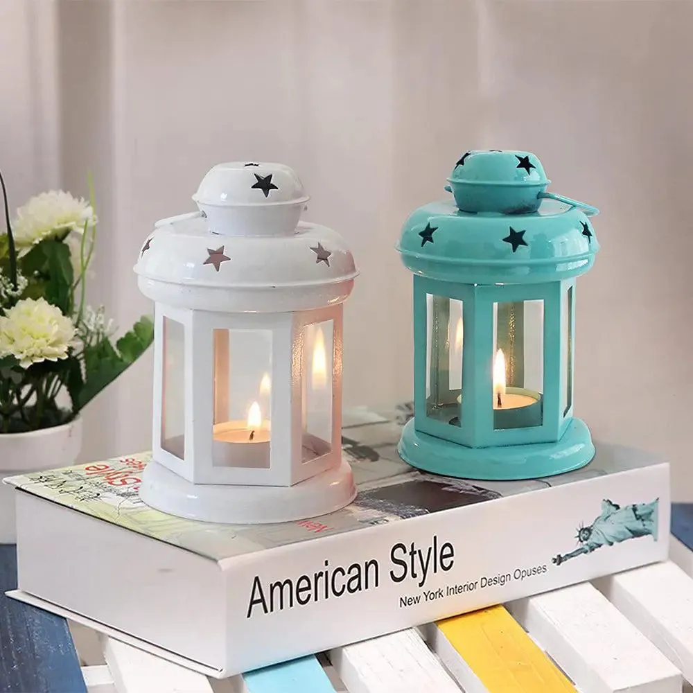 Cheerful Vibe Star Printed Set Of 2 Lantern Tealight Candle Holder