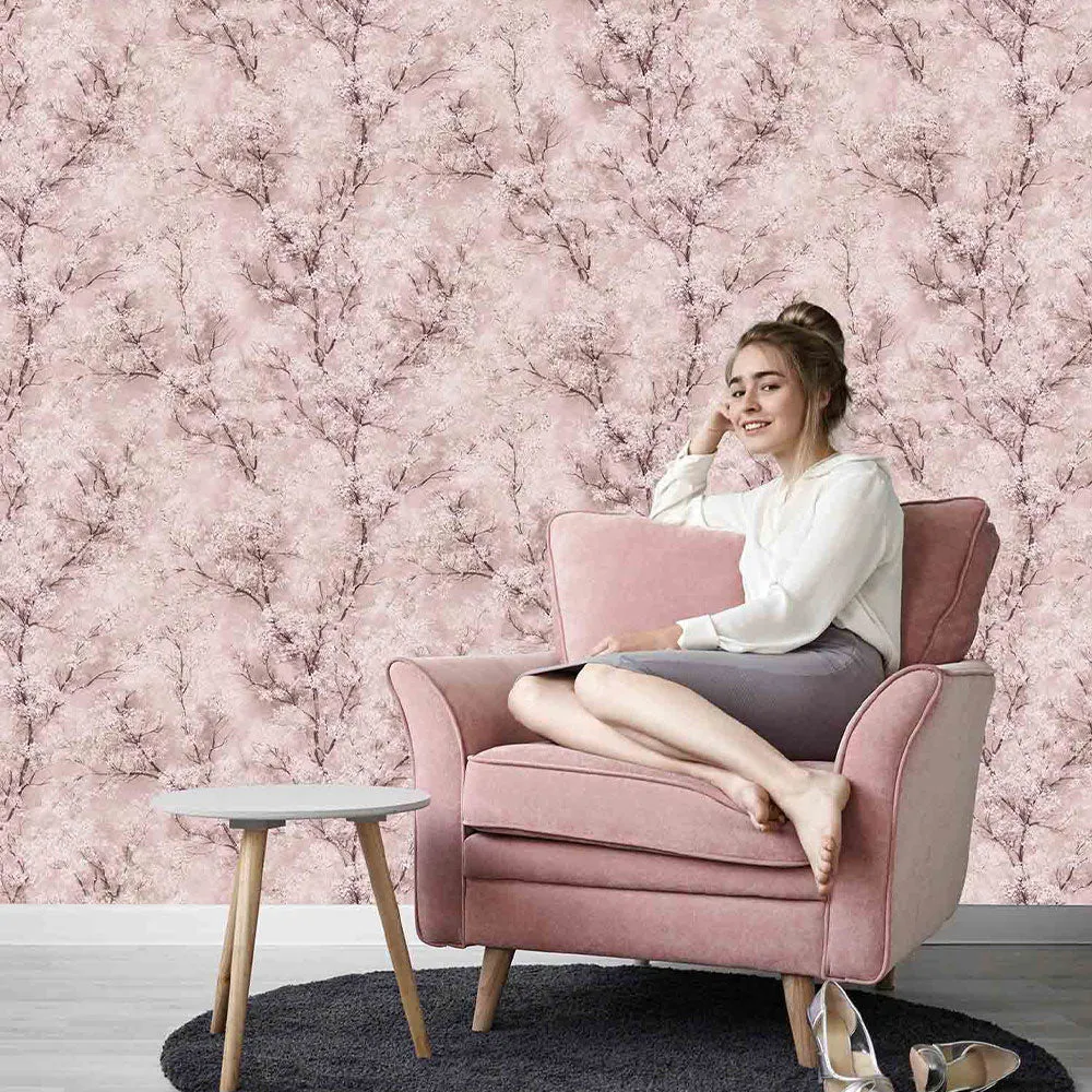 Cherry Blooms Textured Premium Wallpaper pink