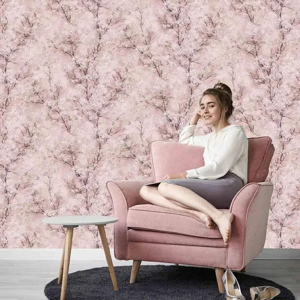Cherry Blooms Textured Premium Wallpaper pink