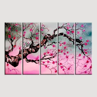 Cherry Blossom Tree 5 Pieces Multicolour Wall Painting Framed on Wood
