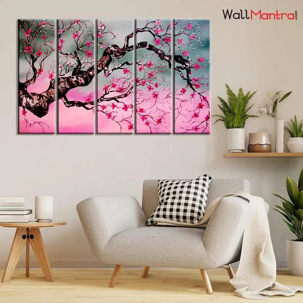Cherry Blossom Tree 5 Pieces Multicolour Wall Painting Framed on Wood