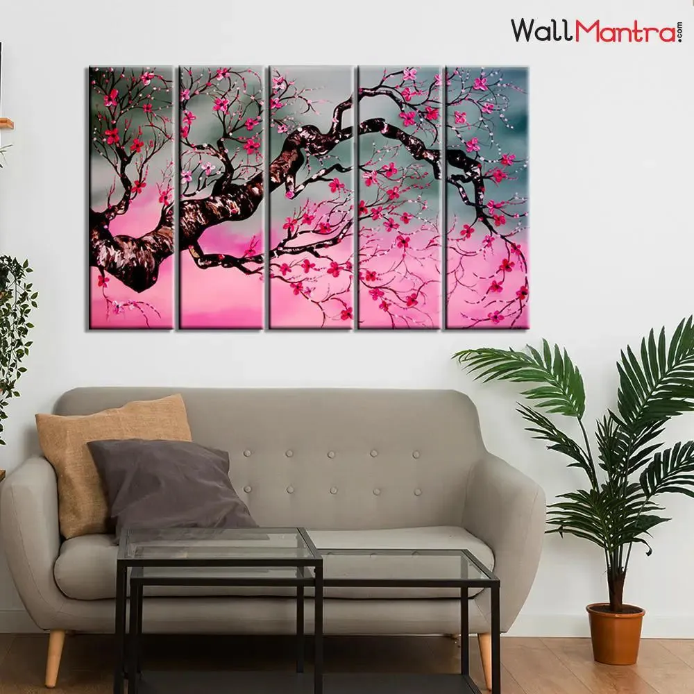 Cherry Blossom Tree 5 Pieces Multicolour Wall Painting Framed on Wood