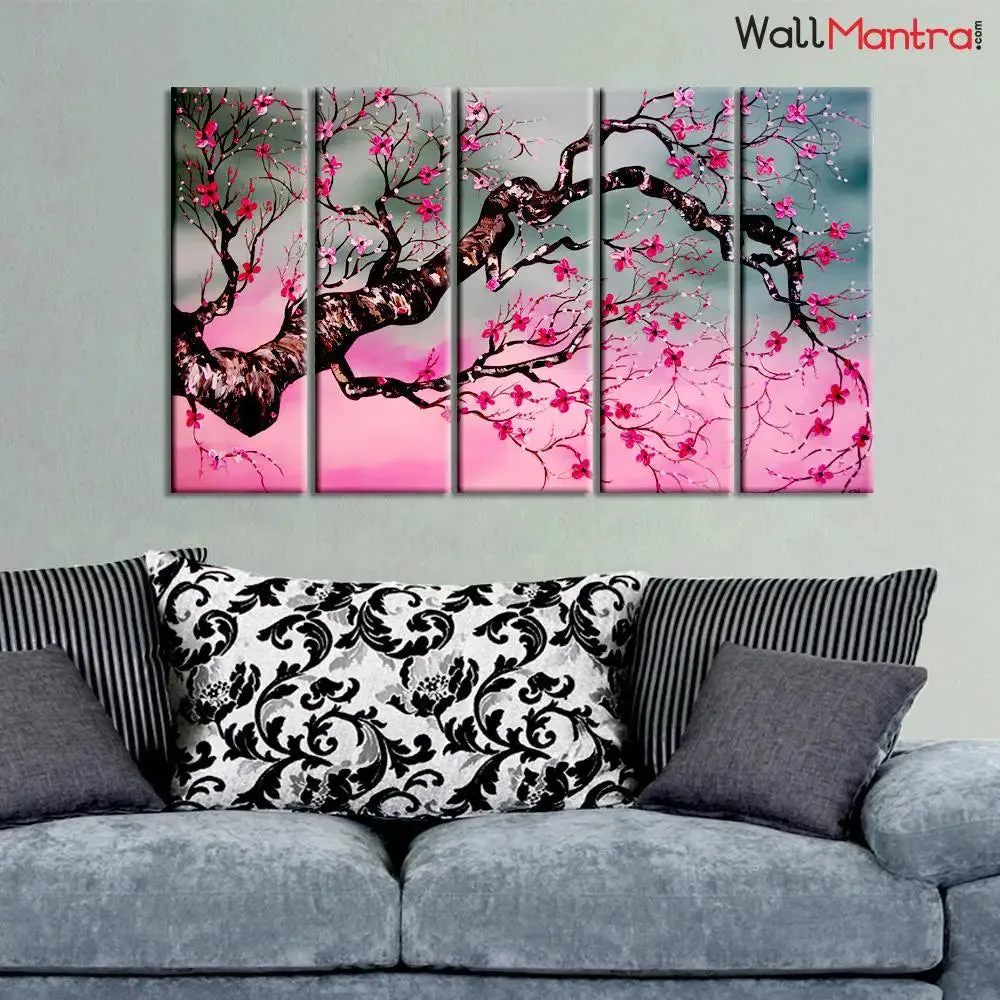 Cherry Blossom Tree 5 Pieces Multicolour Wall Painting Framed on Wood