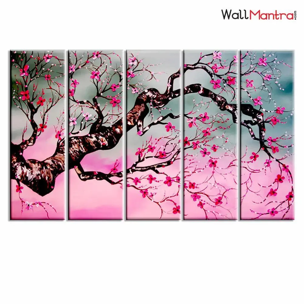 Cherry Blossom Tree 5 Pieces Multicolour Wall Painting Framed on Wood