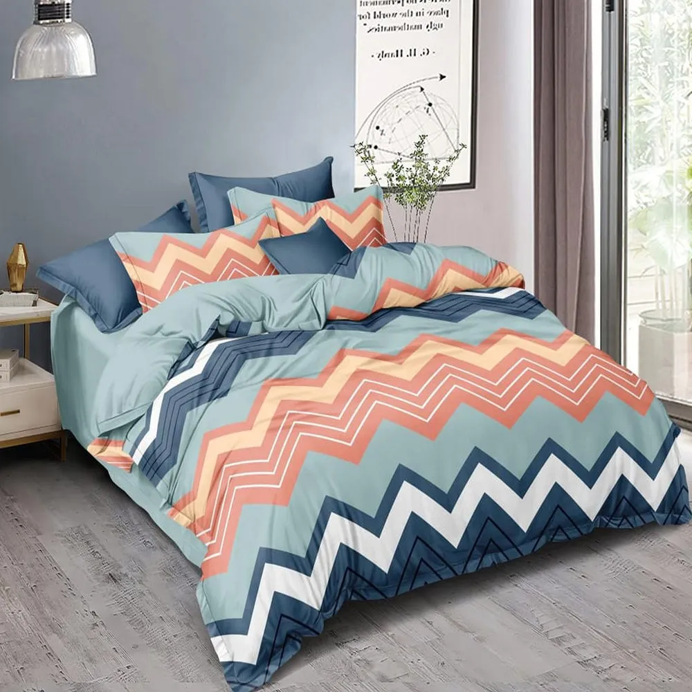 Chevron Print Multicolor Double Bedsheet With 2 Pillow Covers (Blue & Orange)