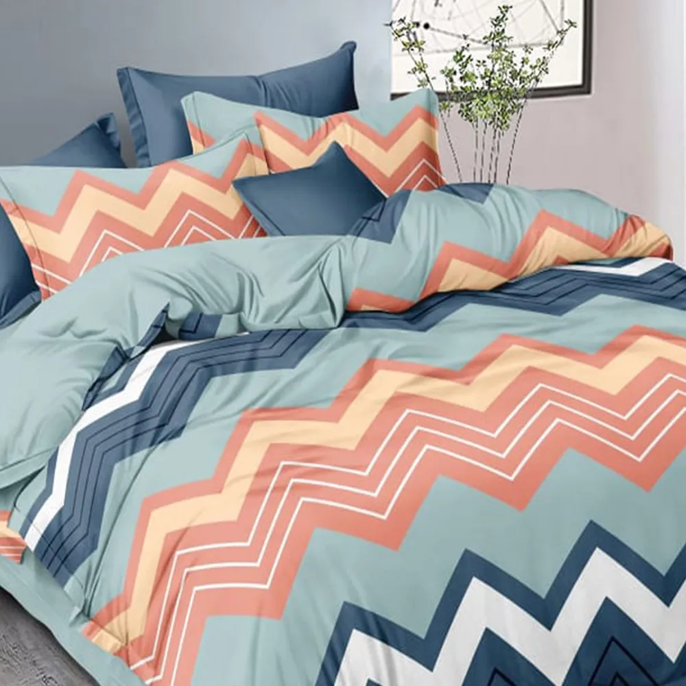 Chevron Print Multicolor Double Bedsheet With 2 Pillow Covers (Blue & Orange)