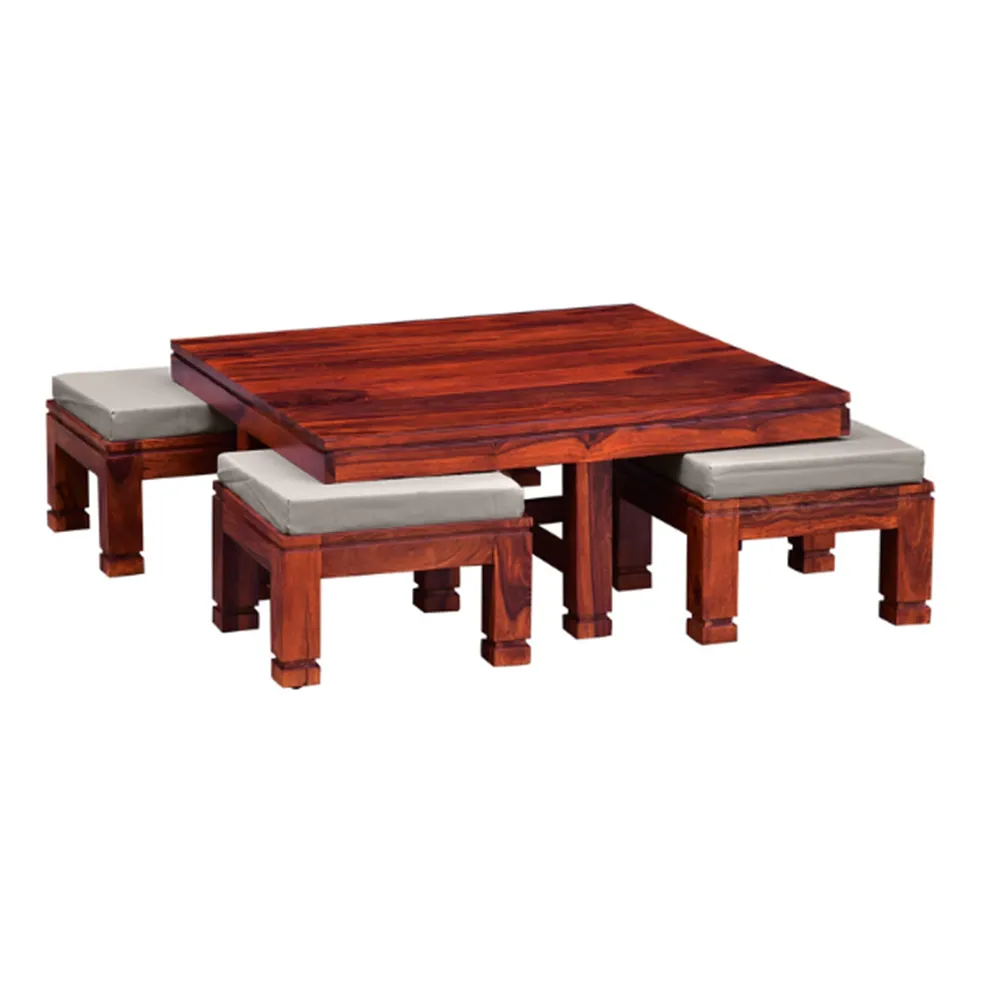 Chocolate Brown Solid Sheesham Wood Centre Table With 4 Stools