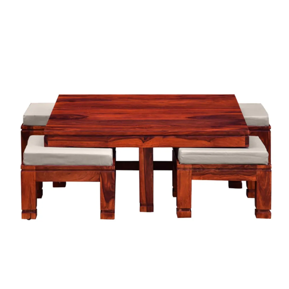 Chocolate Brown Solid Sheesham Wood Centre Table With 4 Stools