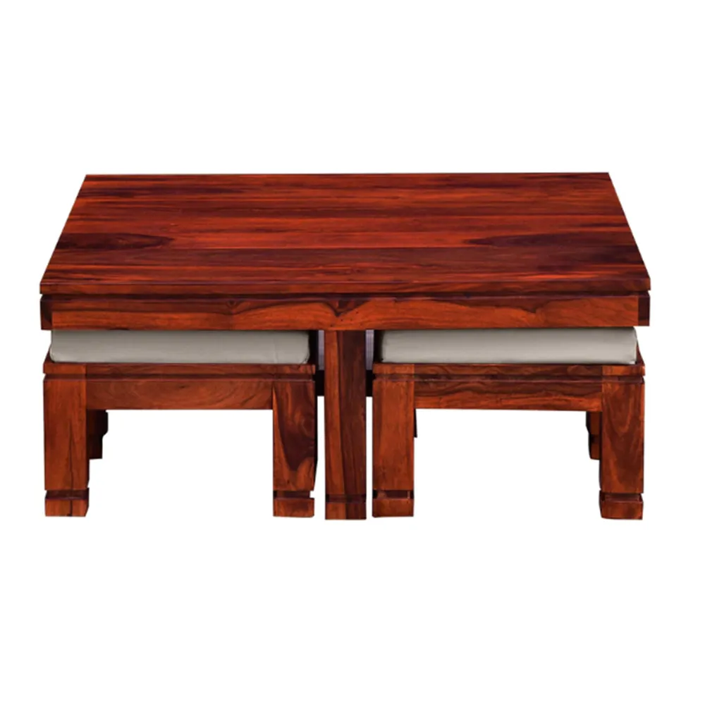 Chocolate Brown Solid Sheesham Wood Centre Table With 4 Stools