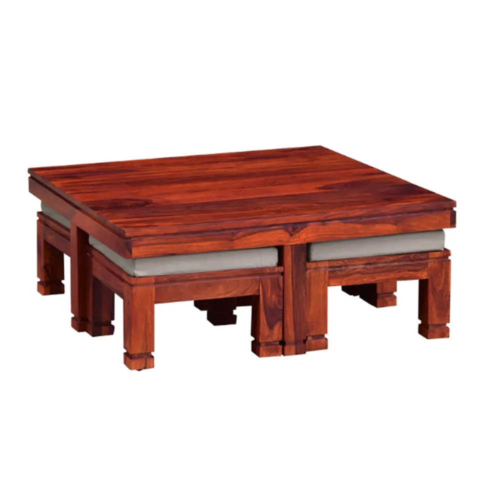 Chocolate Brown Solid Sheesham Wood Centre Table With 4 Stools