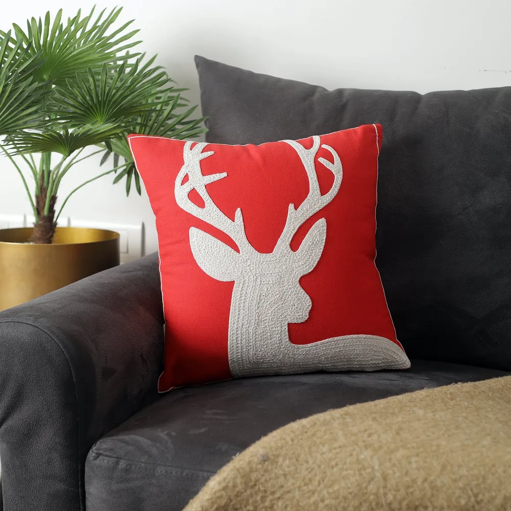 Christmas Reindeer Designer Red Cushion Cover