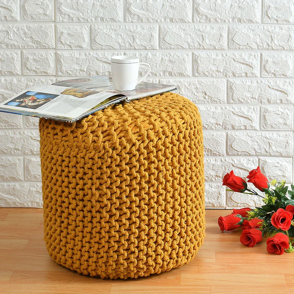 Chrome Yellow Solid Cotton Knitted Pouffe Single Piece