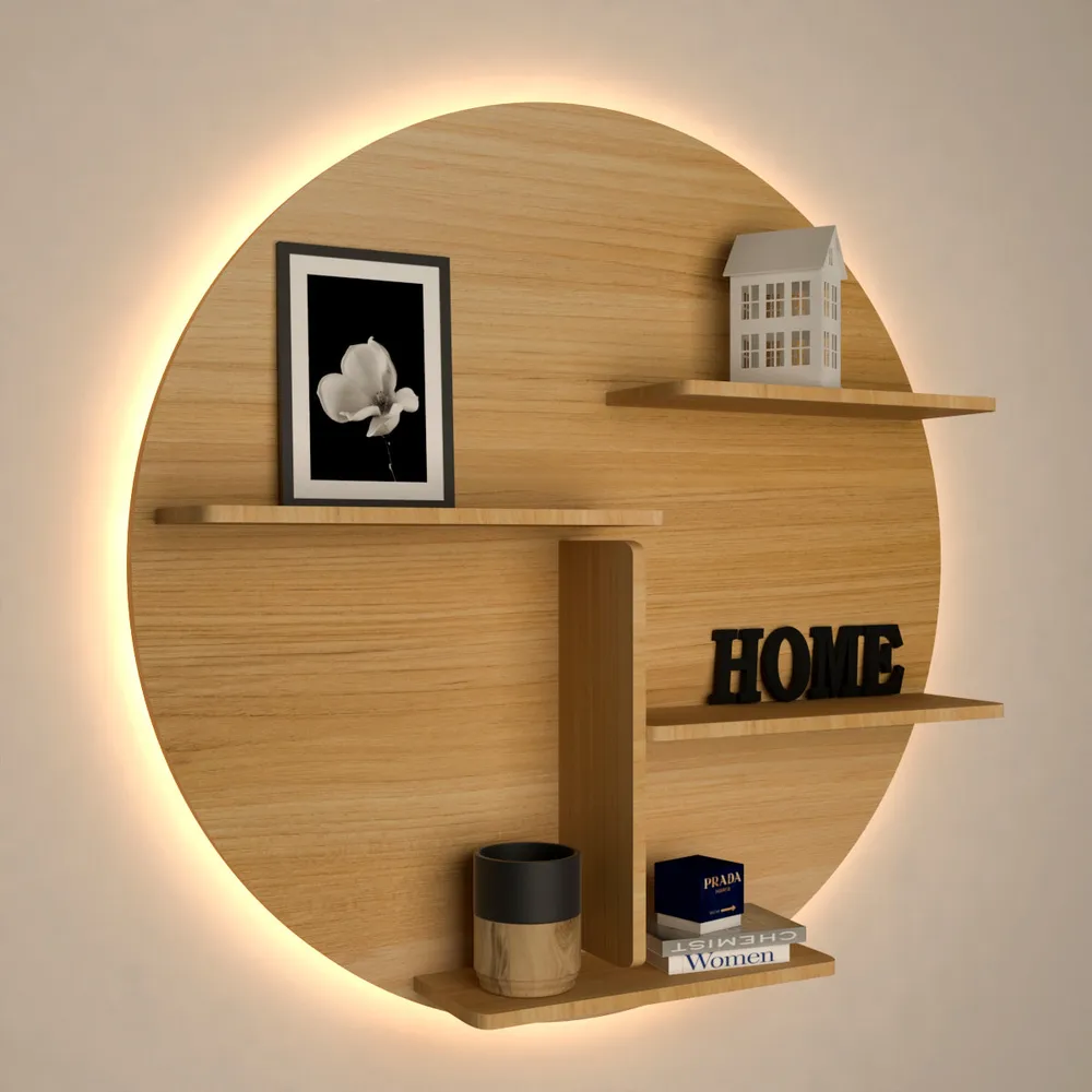 Circle Shape Backlit Wood Wall Shelf / Book Shelf / Night Light, Oak Finish Regular ( 32 inches x 32 inches )