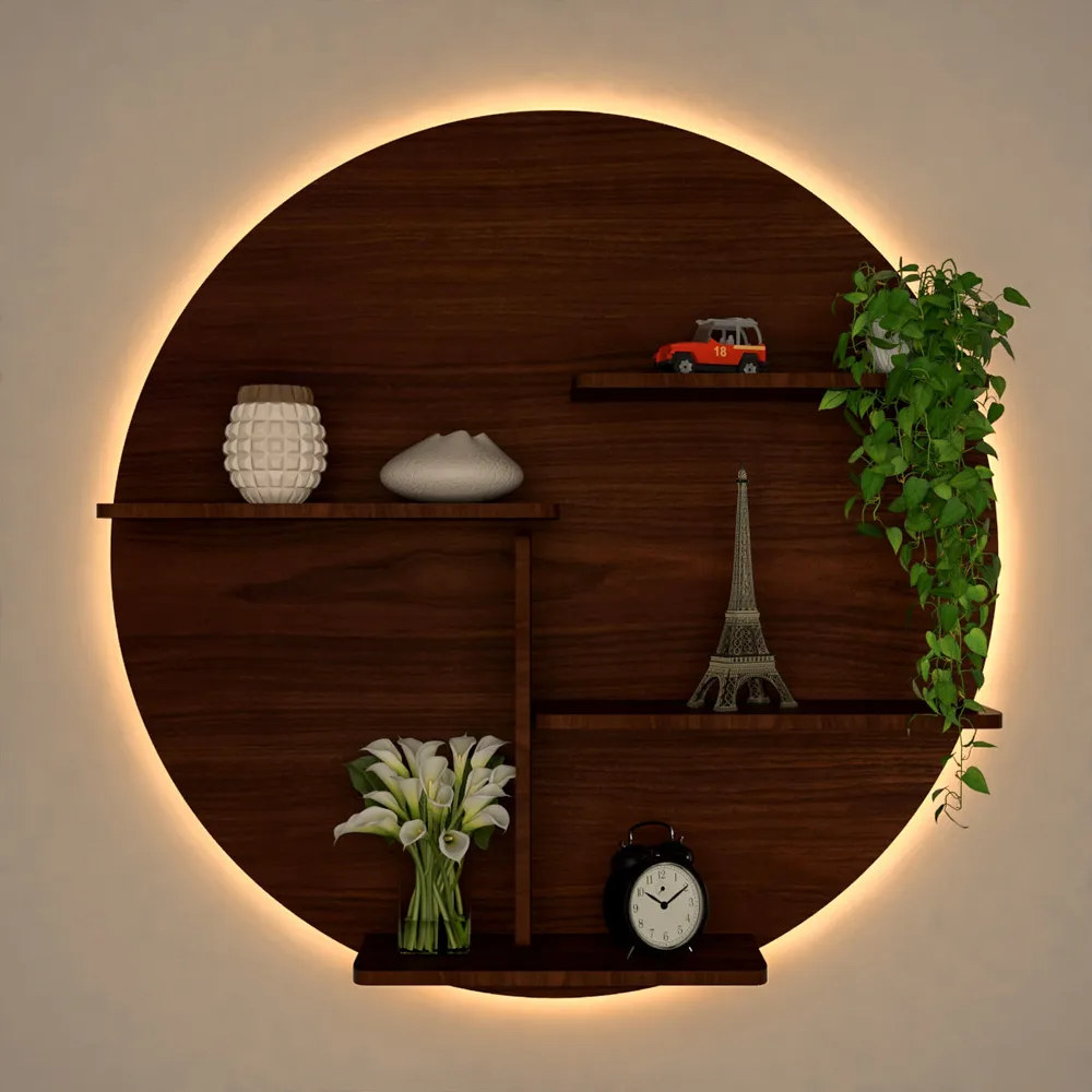 Circle Shape Backlit Wood Wall Shelf / Book Shelf / Night Light, Walnut Finish Regular ( 32 inches x 32 inches )