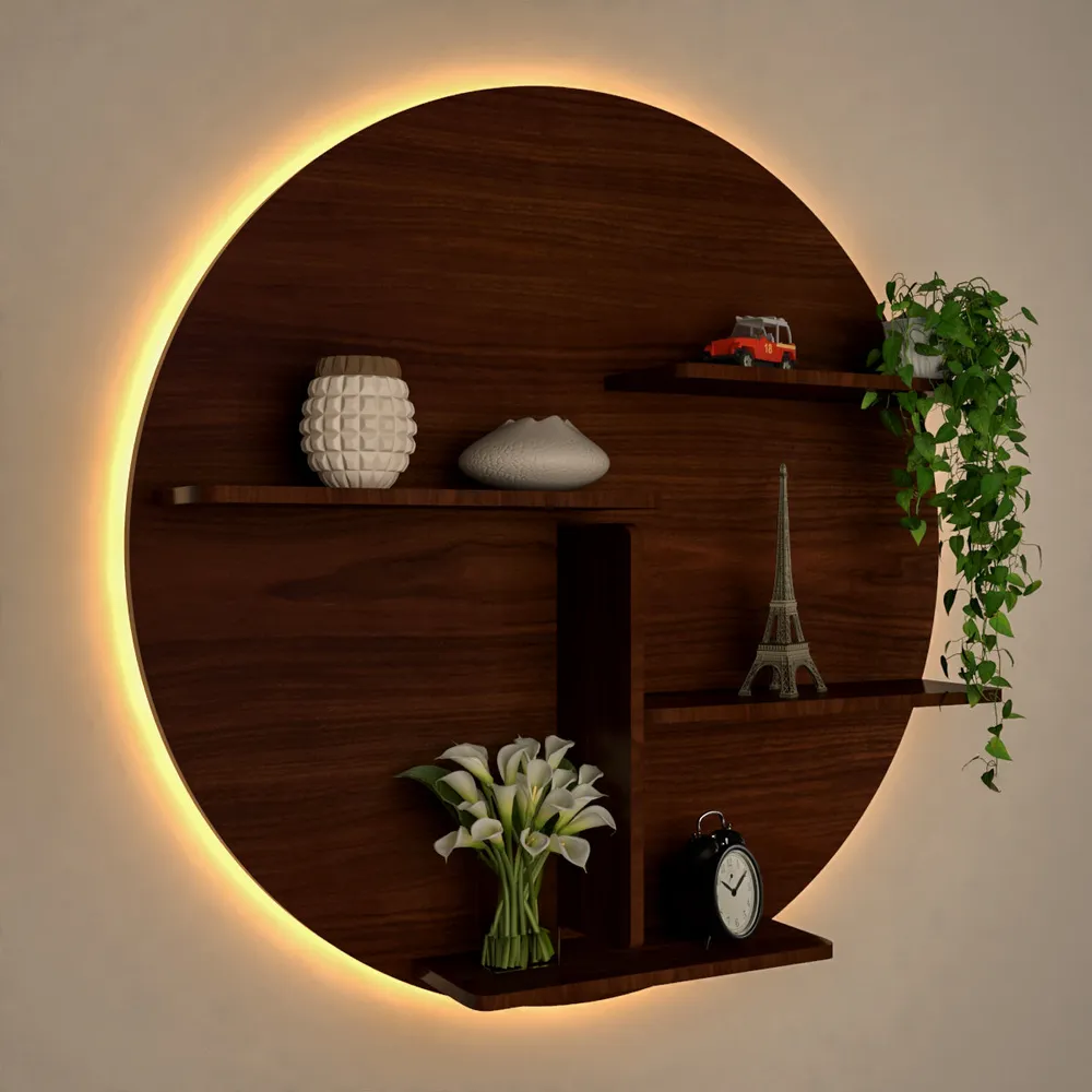 Circle Shape Backlit Wood Wall Shelf / Book Shelf / Night Light, Walnut Finish Regular ( 32 inches x 32 inches )