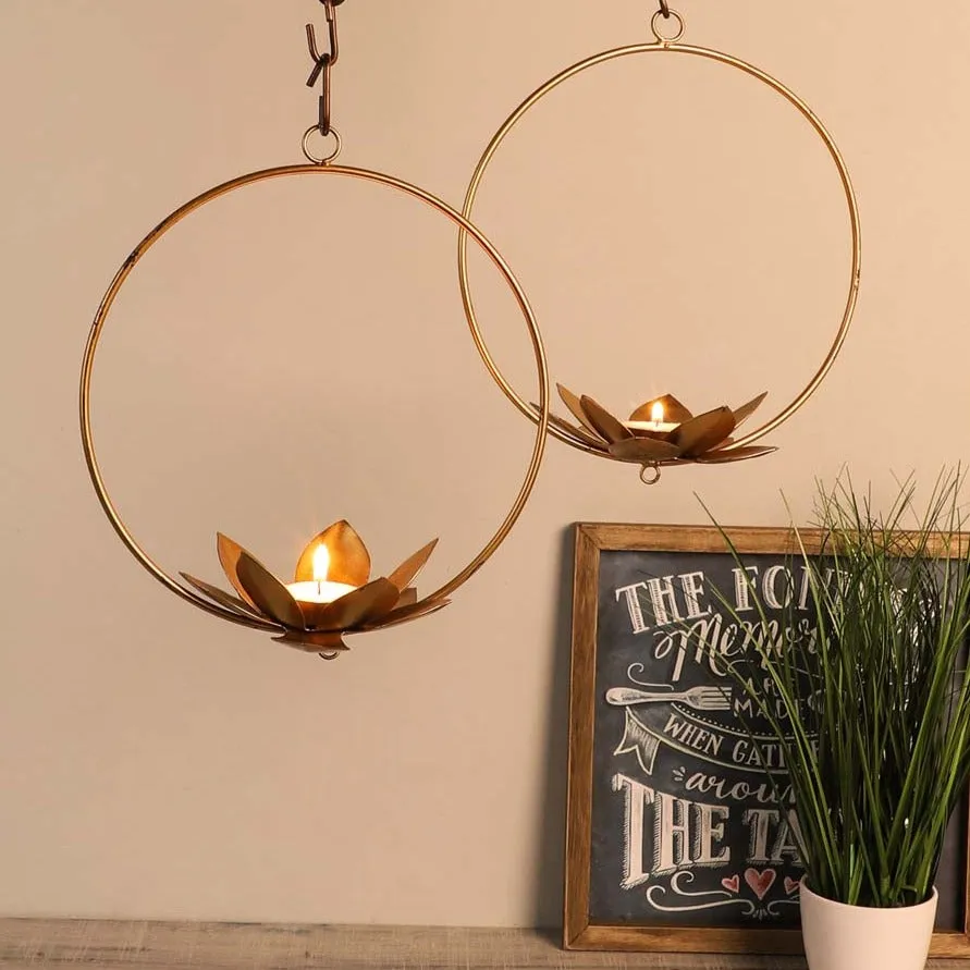 Circular Golden Lotus Hanging Tea Light Candle Holders Set Of 2