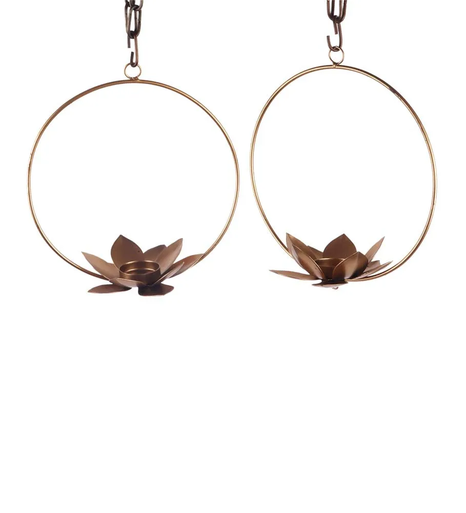 Circular Golden Lotus Hanging Tea Light Candle Holders Set Of 2