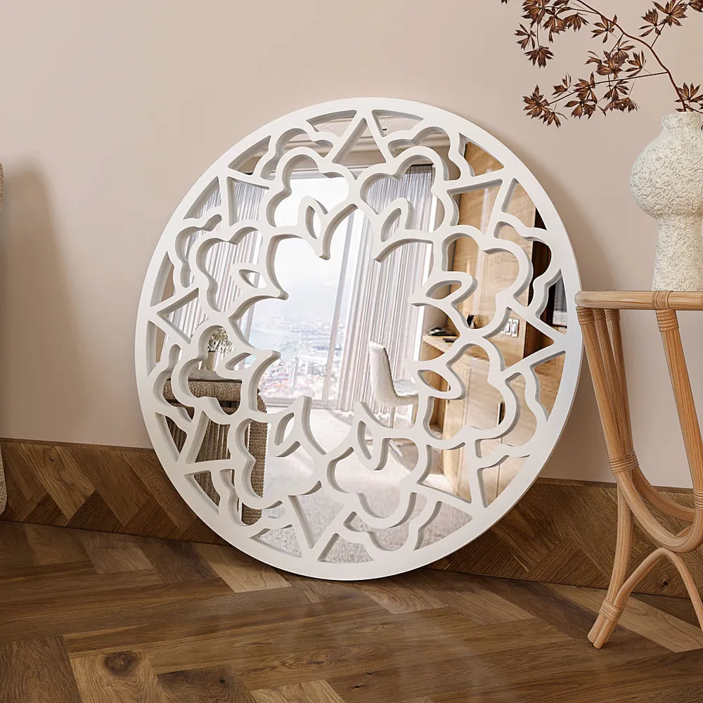 Circular Mandala Design Wooden Decorative Wall Mirror/ Wall Art (Available in Multiple Finishes) White