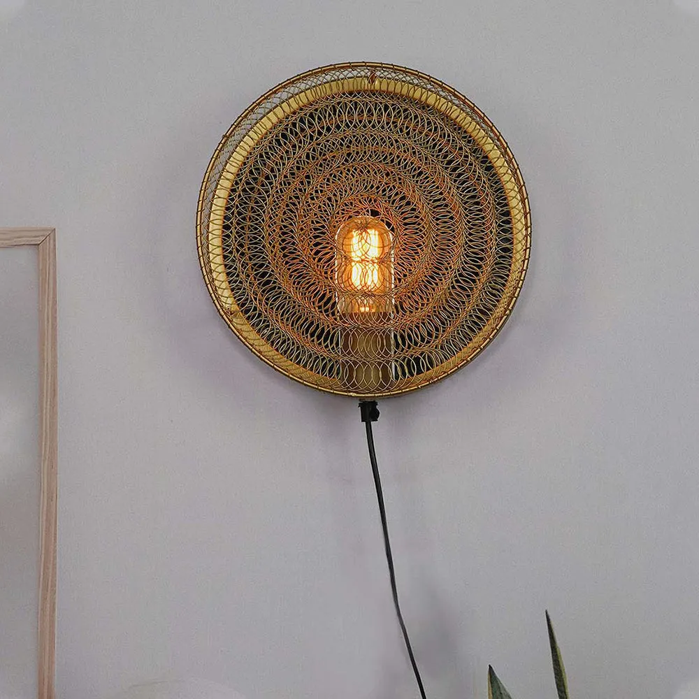 Circular Mirror Gold Framed Industrial Wall Lamp
