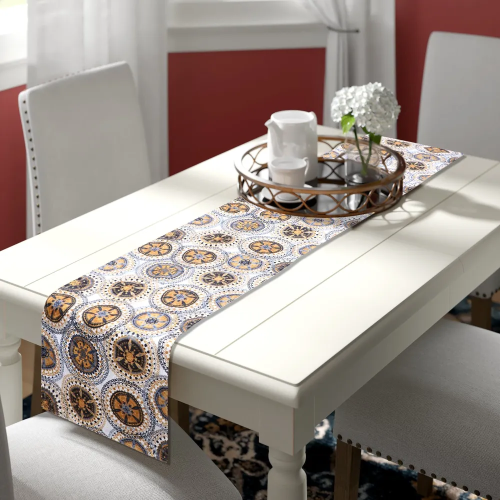 Circular Yellow & White Designer Soft Velvet Table Runner