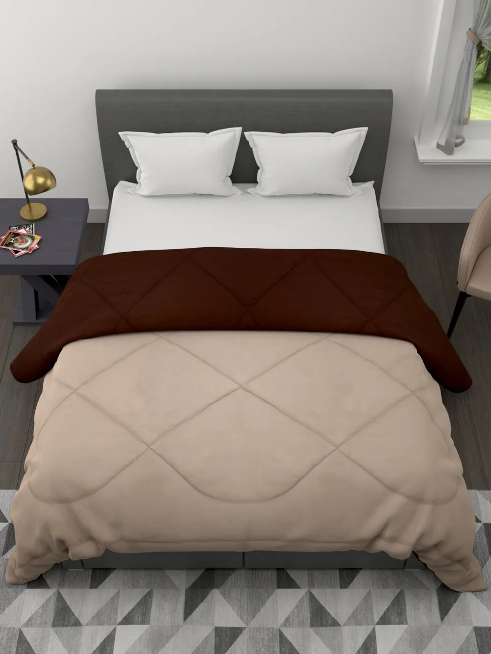 Clasiko Beige & Brown King Size Double Bed Reversible Comforter- 220 GSM