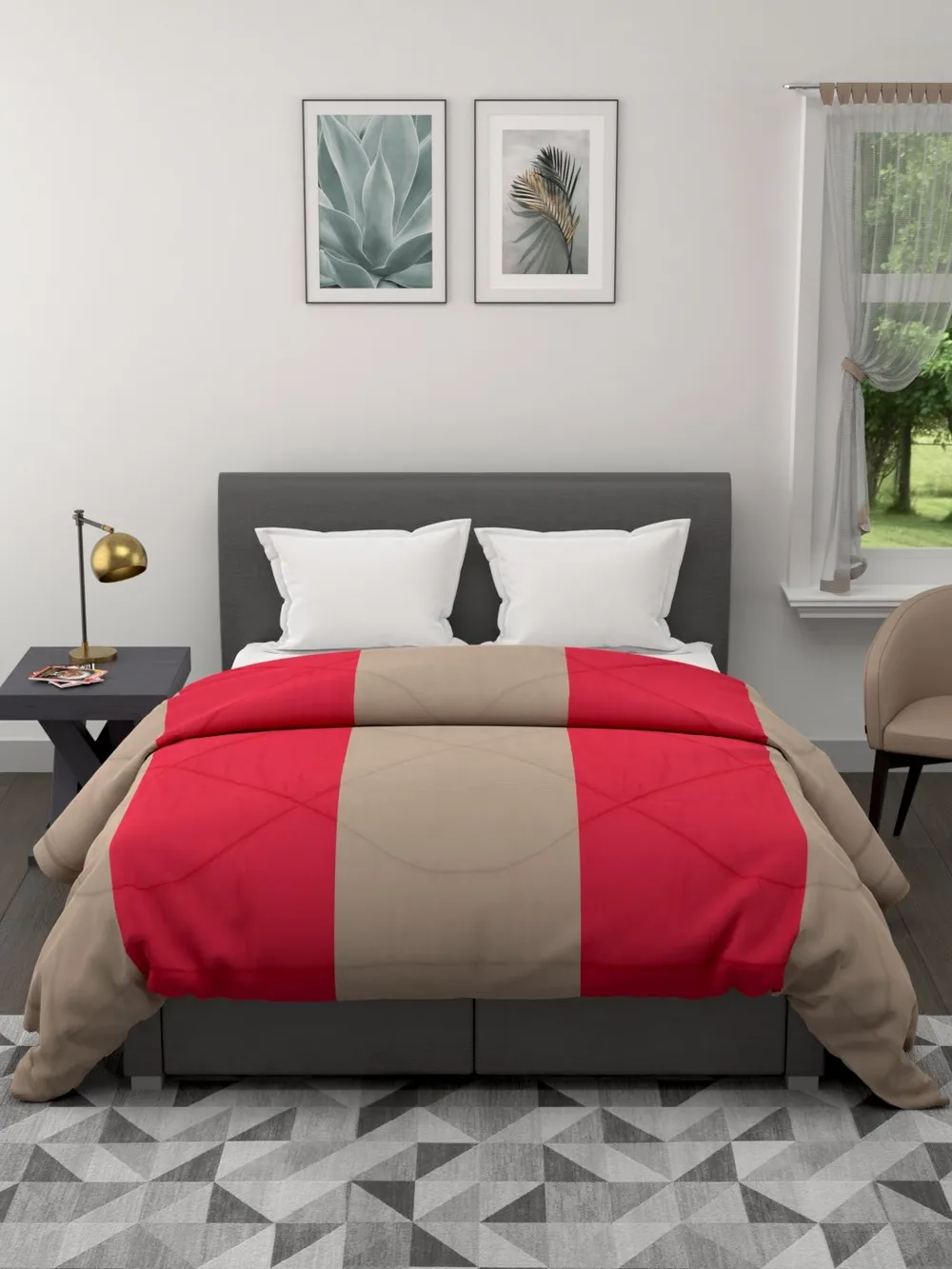 Clasiko Beige & Crimson Red Striped King Size Double Bed Reversible Comforter- 220 GSM
