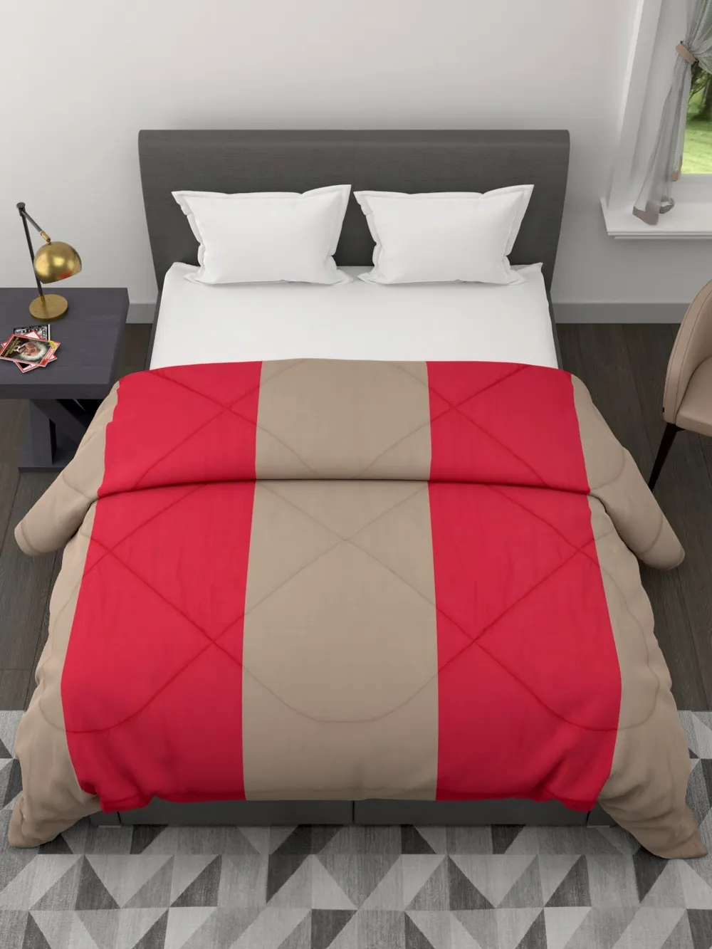 Clasiko Beige & Crimson Red Striped King Size Double Bed Reversible Comforter- 220 GSM
