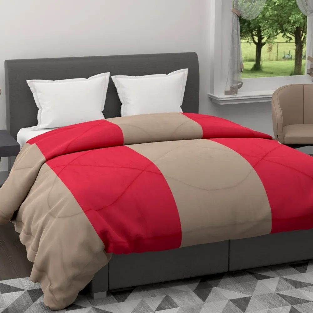 Clasiko Beige & Crimson Red Striped King Size Double Bed Reversible Comforter- 220 GSM