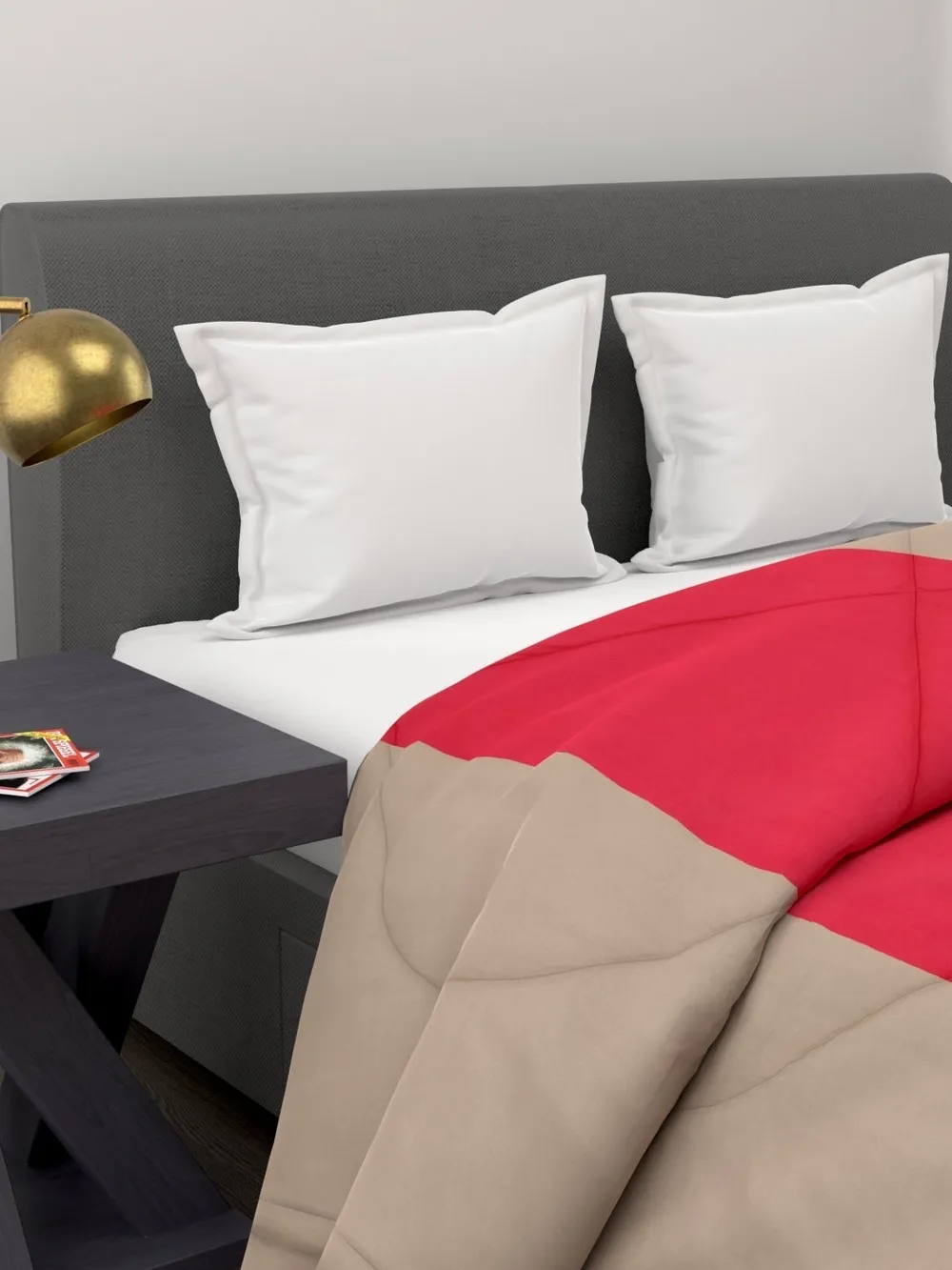 Clasiko Beige & Crimson Red Striped King Size Double Bed Reversible Comforter- 220 GSM