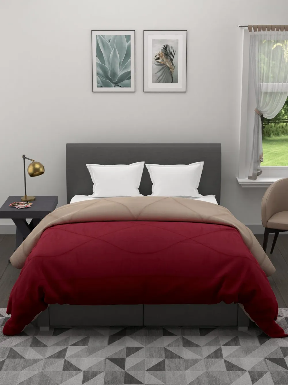 Clasiko Beige & Maroon King Size Double Bed Reversible Comforter- 220 GSM