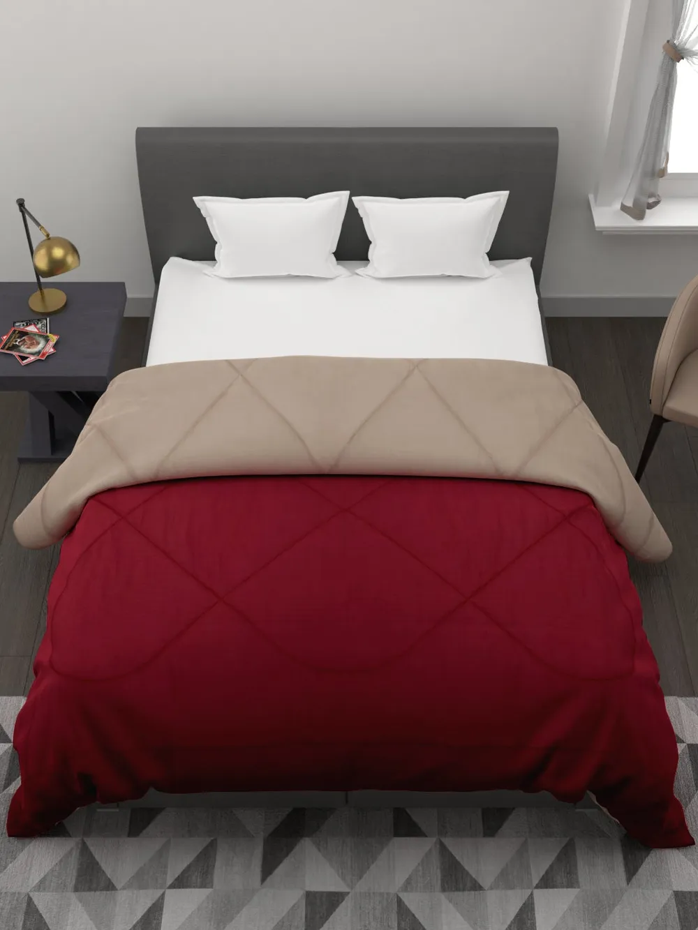 Clasiko Beige & Maroon King Size Double Bed Reversible Comforter- 220 GSM