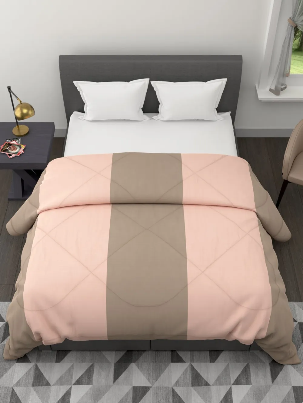 Clasiko Beige & Peach Striped King Size Double Bed Reversible Comforter- 220 GSM