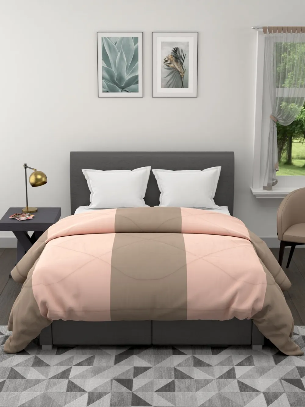 Clasiko Beige & Peach Striped King Size Double Bed Reversible Comforter- 220 GSM