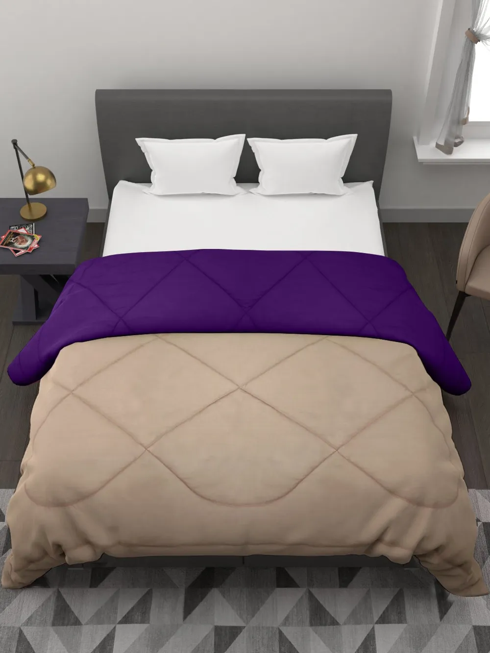 Clasiko Beige & Violet King Size Double Bed Reversible Comforter- 220 GSM
