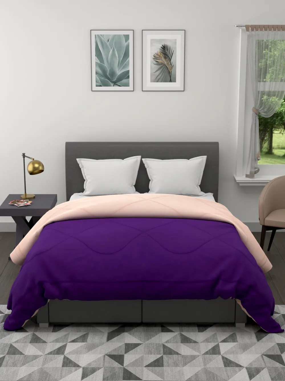 Clasiko Beige & Violet King Size Double Bed Reversible Comforter- 220 GSM