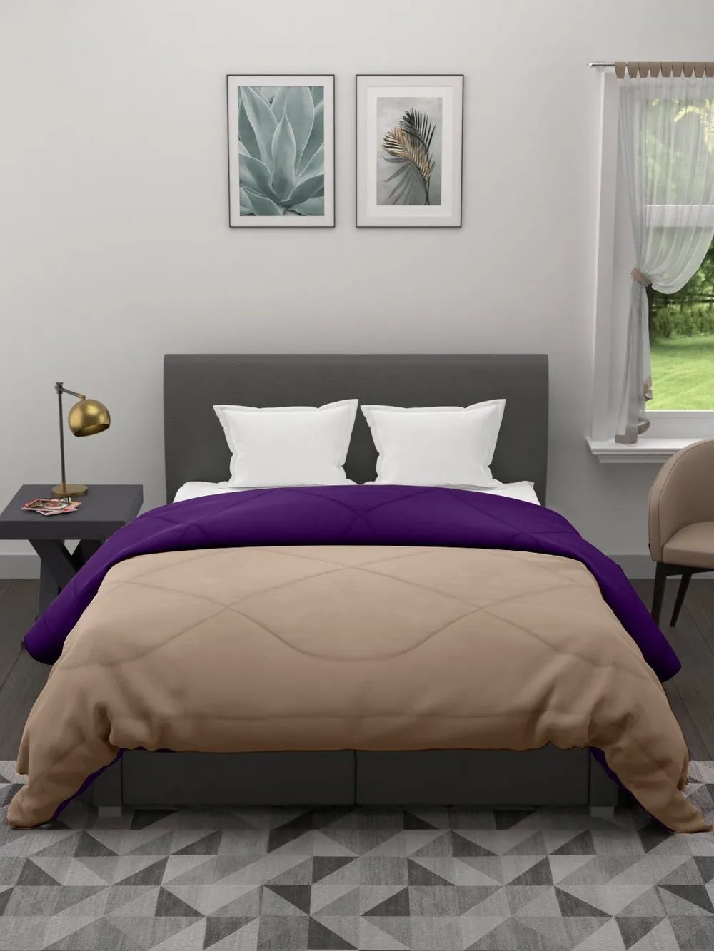 Clasiko Beige & Violet King Size Double Bed Reversible Comforter- 220 GSM