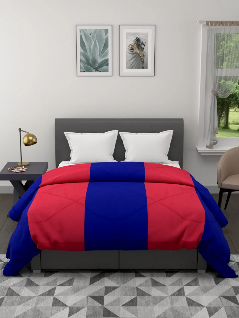 Clasiko Blue & Hot Pink Striped King Size Double Bed Reversible Comforter- 220 GSM