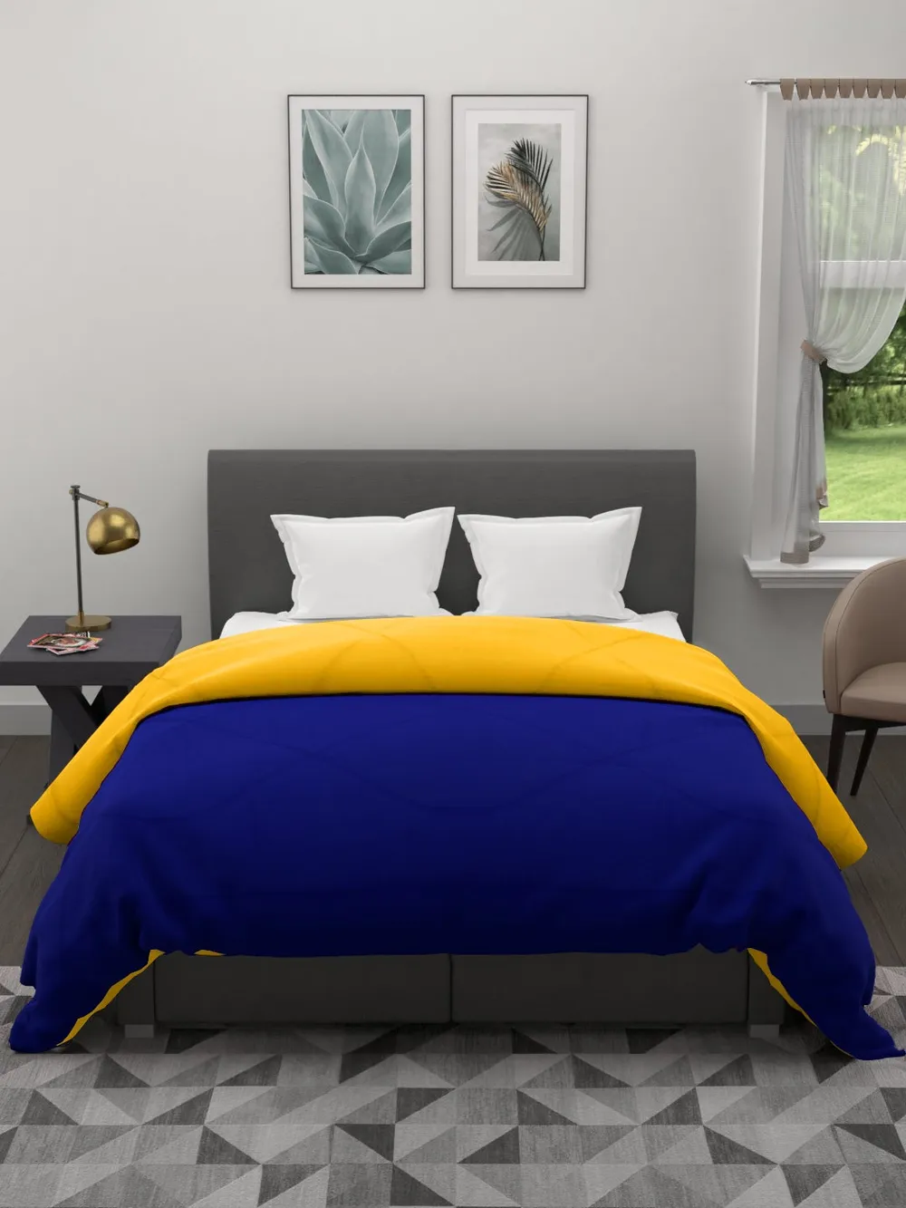 Clasiko Blue & Yellow King Size Double Bed Reversible Comforter- 220 GSM