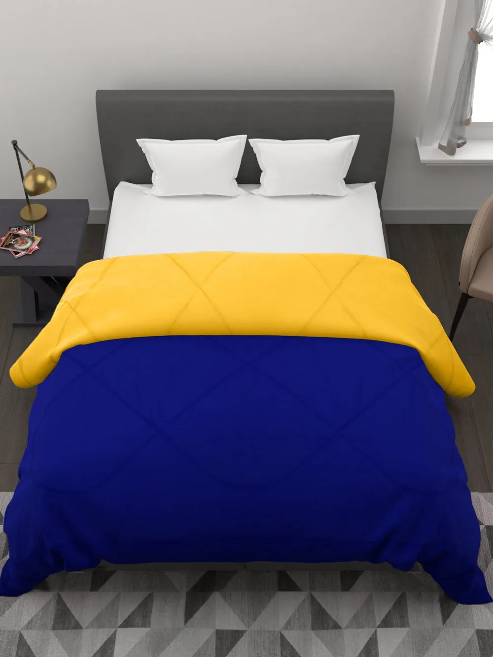 Clasiko Blue & Yellow King Size Double Bed Reversible Comforter- 220 GSM