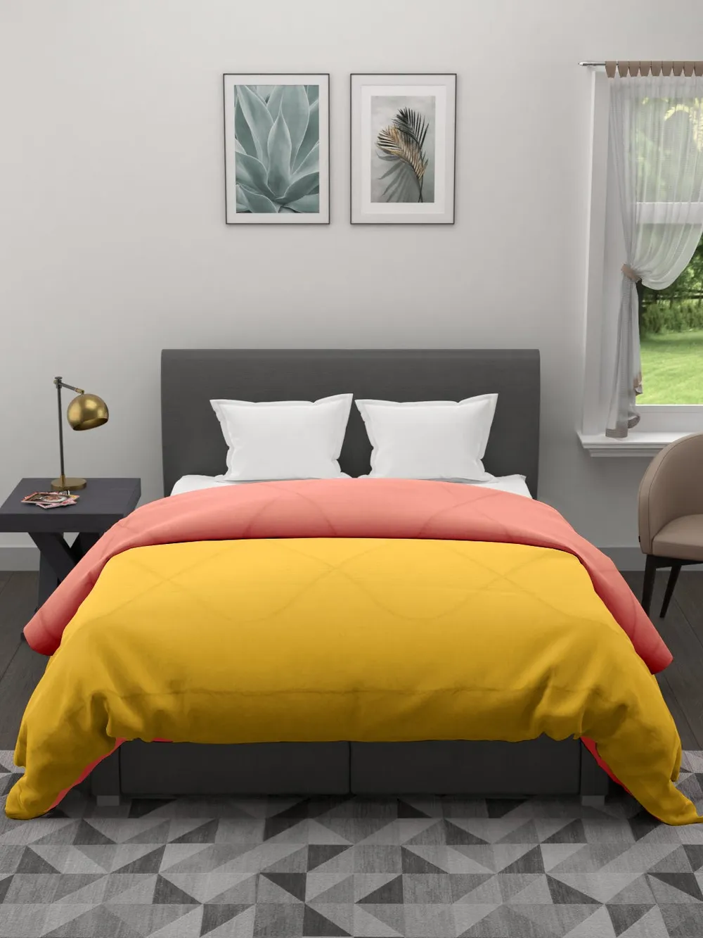 Clasiko Chrome Yellow & Orange King Size Double Bed Reversible Comforter- 220 GSM