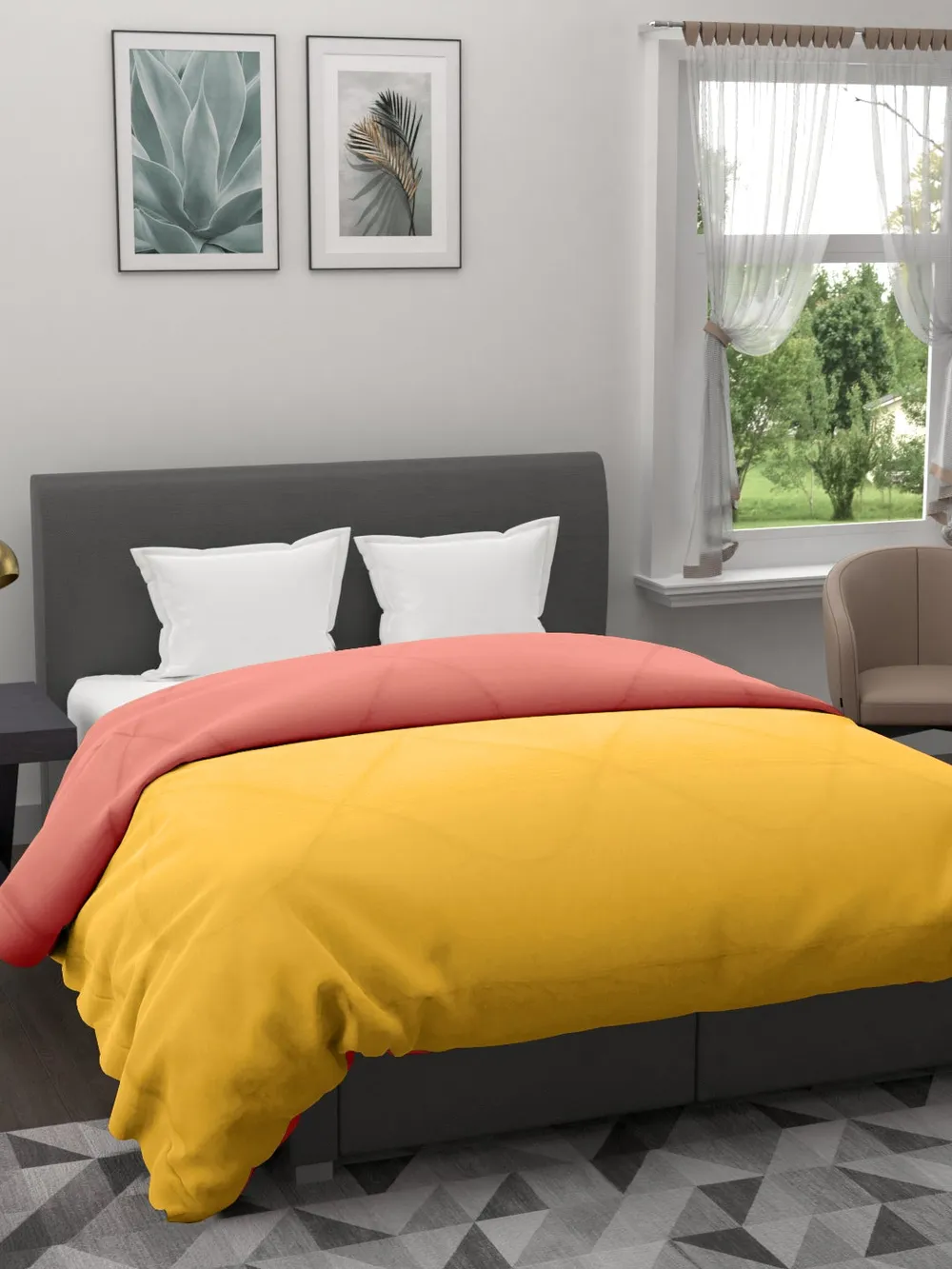 Clasiko Chrome Yellow & Orange King Size Double Bed Reversible Comforter- 220 GSM