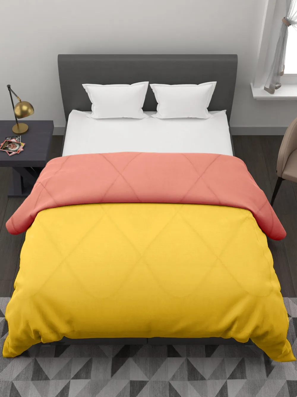 Clasiko Chrome Yellow & Orange King Size Double Bed Reversible Comforter- 220 GSM