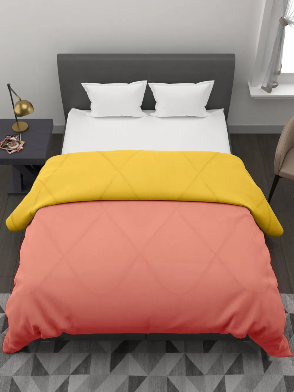 Clasiko Chrome Yellow & Orange King Size Double Bed Reversible Comforter- 220 GSM